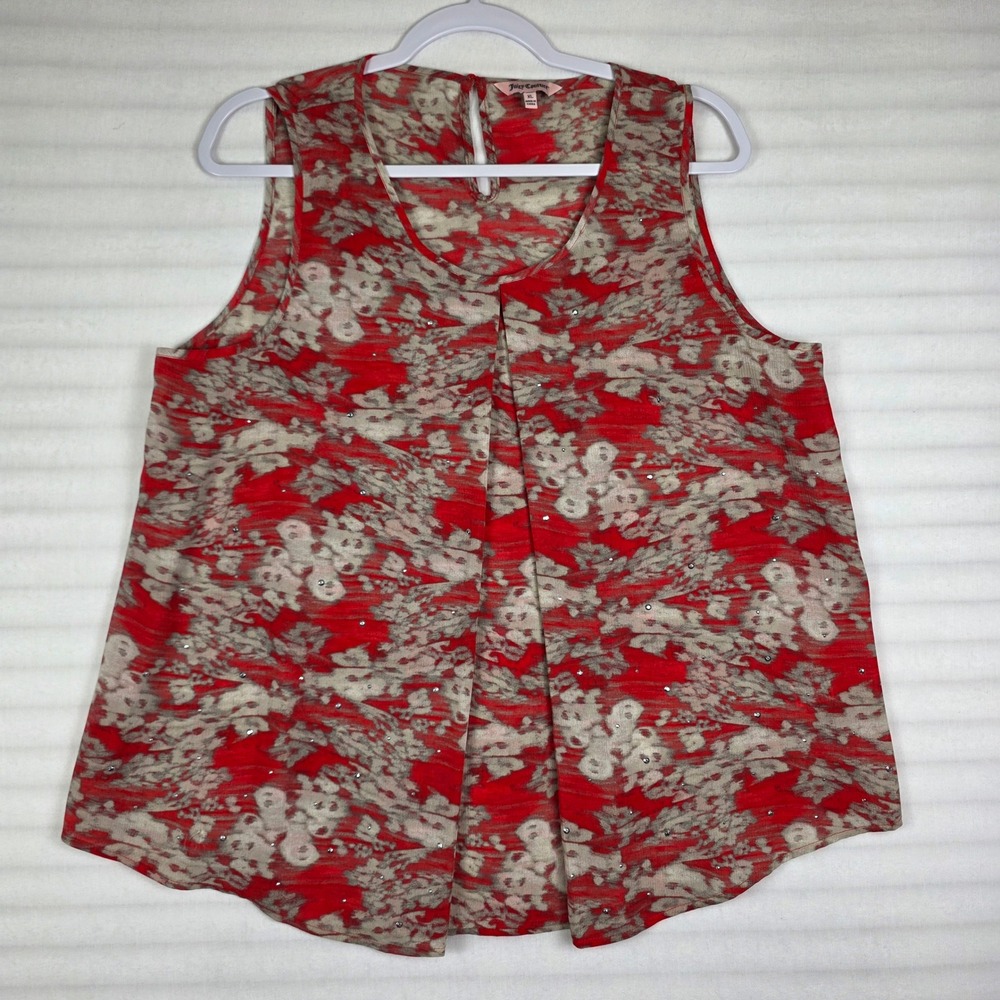Juicy Couture Tank Top Womens XL Red Floral Rhinestone Y2K Cottagecore Boho